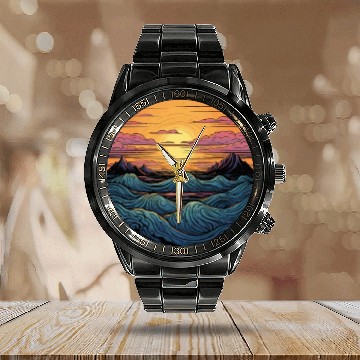 Discover serene ocean sunset with large waves (3) Calendar Steel Band Watch