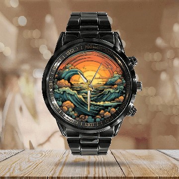 Discover serene ocean sunset with large waves (7) Calendar Steel Band Watch