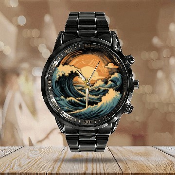 Discover serene ocean sunset with large waves (6) Calendar Steel Band Watch
