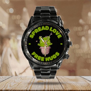 Discover Spread Love Free Hugs Funny Cactus in a Pot Calendar Steel Band Watch