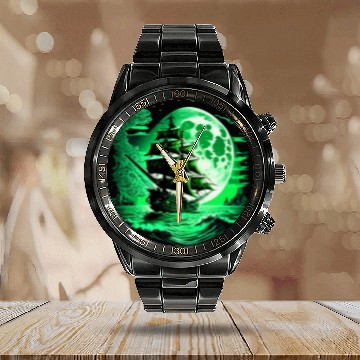 Discover Historical Sailing Ship At Full Moon. Calendar Steel Band Watch