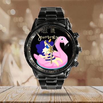 Discover Cute Unicorn Relaxing In The Swimming Pool Design Calendar Steel Band Watch