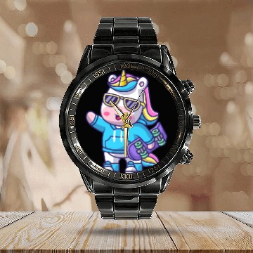 Discover cute cool unicorn holding skateboard cartoon Calendar Steel Band Watch