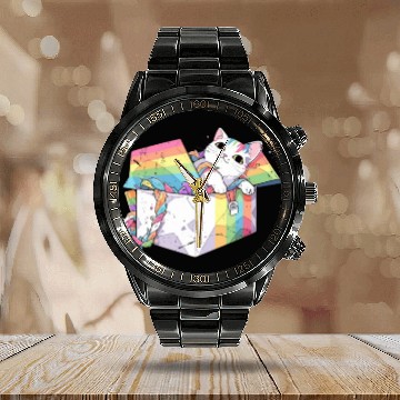 Discover Rainbow Cat Lover Cute Kitty Animal LGBT Community Calendar Steel Band Watch