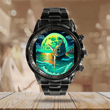 Discover Pirate Ship With A Skull At Full Moon Calendar Steel Band Watch