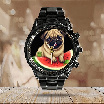 Discover Pug with Melon, Funny Summer Design for Dog Lovers Calendar Steel Band Watch
