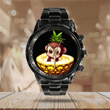 Discover Monkey Chimpanzee with Pineapple, Funny Tropical Calendar Steel Band Watch