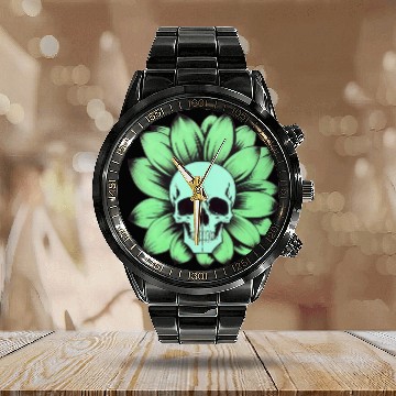 Discover Green Toxic Sunflower Skull Vintage Style Calendar Steel Band Watch