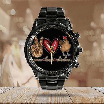 Discover Peace Love Chicken Gold Glitter For Chicken Farmer Calendar Steel Band Watch