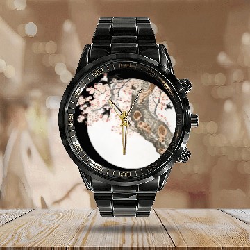 Discover Katsushika Hokusai’s cherry tree'n birds Calendar Steel Band Watch