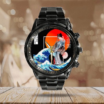Discover The Great Wave off Kanagawa'n woman wearing kimono Calendar Steel Band Watch