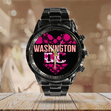 Discover Washington DC Calendar Steel Band Watch, Cherry Blossom Heart Floral
