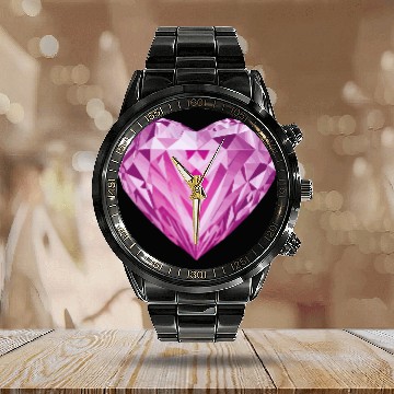 Discover Glossy pink diamond heart Calendar Steel Band Watch