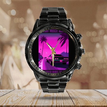 Discover Vintage 80s Graphic Retrowave Muscle Car Racing Calendar Steel Band Watch