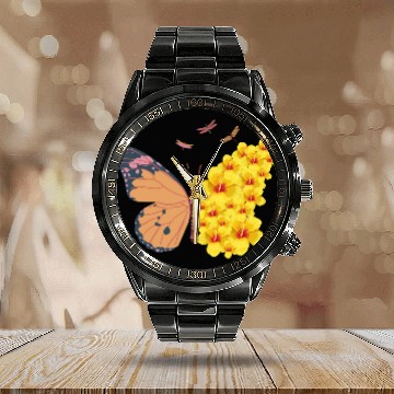 Discover Butterfly with a Hibiscus Wing Calendar Steel Band Watch