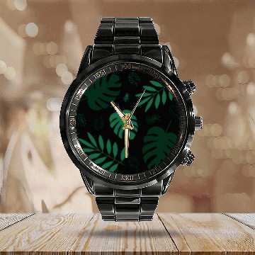 Discover Green Palm Leaves And Tropical Green Monstera Calendar Steel Band Watch