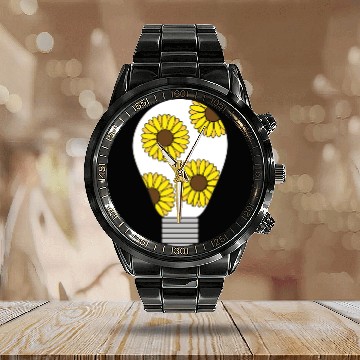 Discover Light Bulb With Yellow Sunflowers Calendar Steel Band Watch