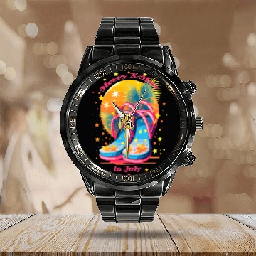 Discover "Beach Bound Booties | "Christmas in July" Flip Calendar Steel Band Watch