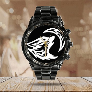 Discover Tribal White Howling Wolf Tattoo 70s Calendar Steel Band Watch