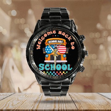 Discover Welcome Back to School Funny School Bus w Vintage Calendar Steel Band Watch