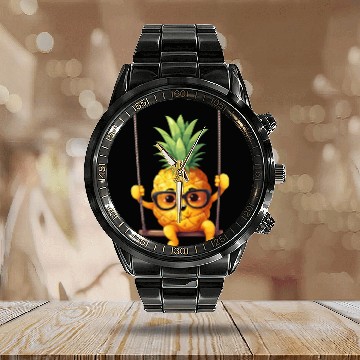 Discover Pig with Sunflower Wreath, Charming Farm Animal Calendar Steel Band Watch