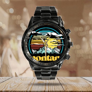 Discover Montana 80s Style Mountains Sun Calendar Steel Band Watch