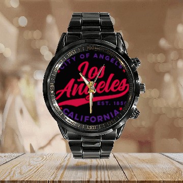 Discover Los Angeles City Of Angels California Red Text Calendar Steel Band Watch