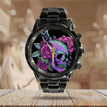 Discover Skeleton Calendar Steel Band Watch, Neon Skull Roses Gothic Skeleton