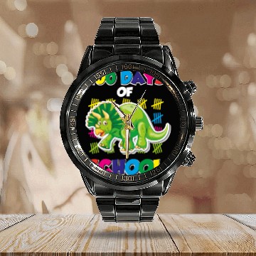 Discover 100 days of school green triceratops Calendar Steel Band Watch