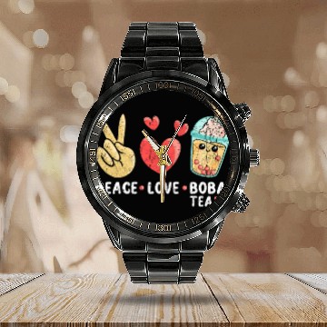 Discover Peace Love Boba Tea Calendar Steel Band Watch