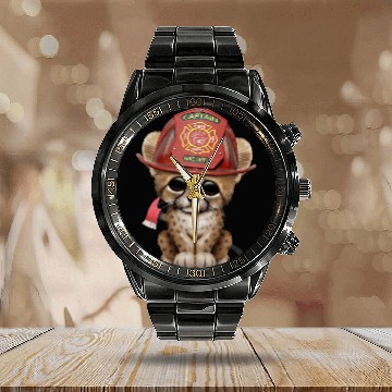 Discover Cute Cheetah Cub Firefighter Calendar Steel Band Watch