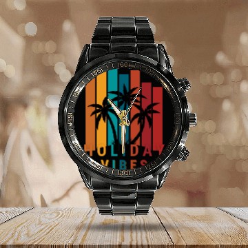 Discover Holiday vibes - tropical palms trees Vacation time Calendar Steel Band Watch