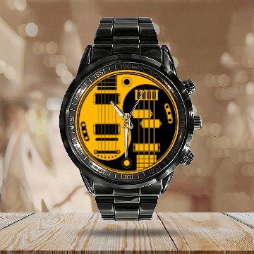Discover Yellow And Black Guitar Bass Yin Yang Calendar Steel Band Watch