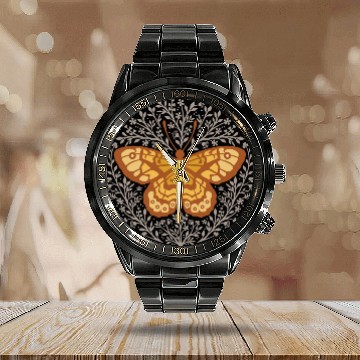Discover Butterfly insect with flowers. Calendar Steel Band Watch