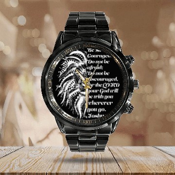 Discover Christian Lion Joshua 19 Be Strong, Courageous Bib Calendar Steel Band Watch
