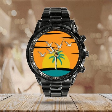 Discover Sunset on Ocean Illustration Calendar Steel Band Watch