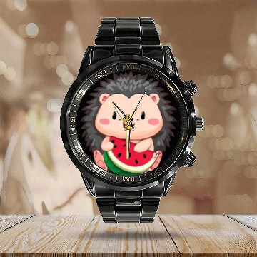 Discover Happy hedgehog enjoys watermelon Calendar Steel Band Watch