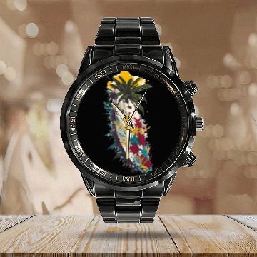 Discover Surfing Board Summer and Coconut Tree Calendar Steel Band Watch