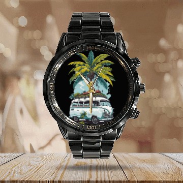 Discover Travel car caravan summer coconut tree Calendar Steel Band Watch