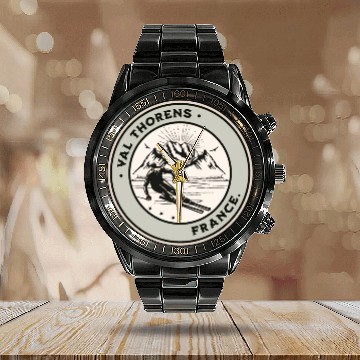 Discover Val Thorens France Vintage Skiing Calendar Steel Band Watch
