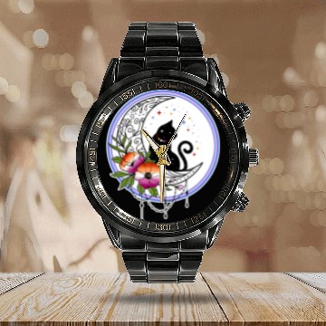 Discover Galaxy Cat and Flowers in Lesbian Flag Colors Calendar Steel Band Watch
