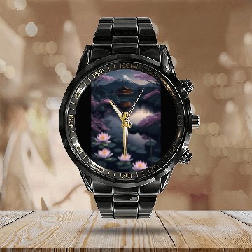 Discover Asia Landscape by night Serene Mount Fuji Calendar Steel Band Watch