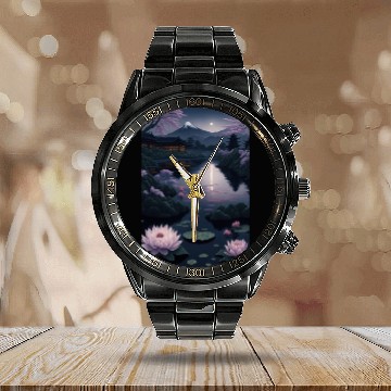 Discover Asia Landscape by night Serene Mount Fuji Calendar Steel Band Watch