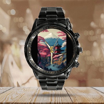 Discover Asia Landscape Serene Mount Fuji Calendar Steel Band Watch
