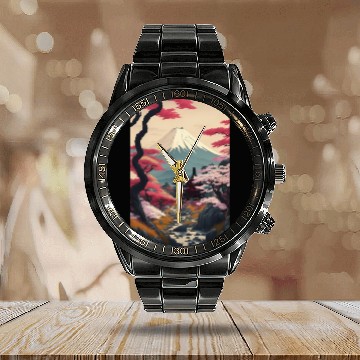 Discover Asia Landscape Serene Mount Fuji Calendar Steel Band Watch
