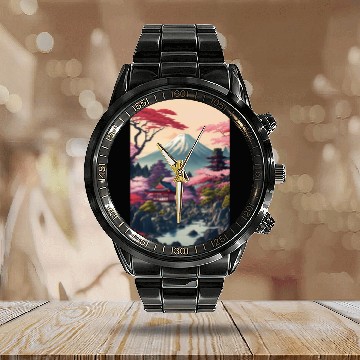 Discover Asia Landscape Serene Mount Fuji Calendar Steel Band Watch