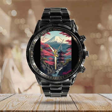 Discover Asia Landscape Serene Mount Fuji Calendar Steel Band Watch