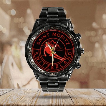 Discover Saint Moritz Switzerland Skiing Calendar Steel Band Watch