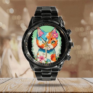 Discover Cat Face with Watercolor Design Calendar Steel Band Watch