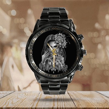 Discover skull mask and peony flower Calendar Steel Band Watch